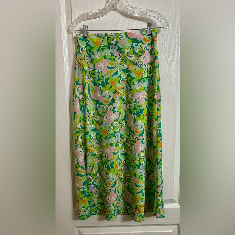 Floral A-Line Midi Skirt in Green and Pink